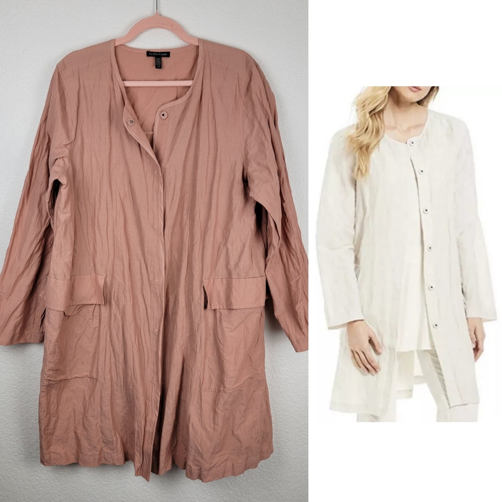 Eileen Fisher Rumpled Organic Cotton Steel Round Neck Jacket Pink Large